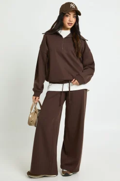 boohoo Sweat-shirt à demi-zip en interlock, survêtement<Femme Looks Chocolat|Survêtements