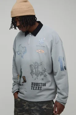 boohooMAN Sweat-shirt de Rugby Surdimensionné Imprimé Western avec Écussons - Coupe Longue<Homme Tout Afficher|Sweats À Capuche Tall