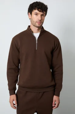 Sweat-shirt En Jersey Marron À Demi-zip