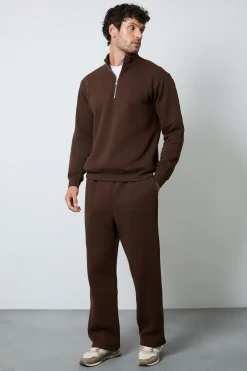 Sweat-shirt En Jersey Marron À Demi-zip