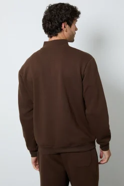 Sweat-shirt En Jersey Marron À Demi-zip