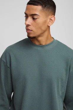 Sweat-shirt en nid d’abeille à col étendu pour homme, coupe boxy, avec languette tissée