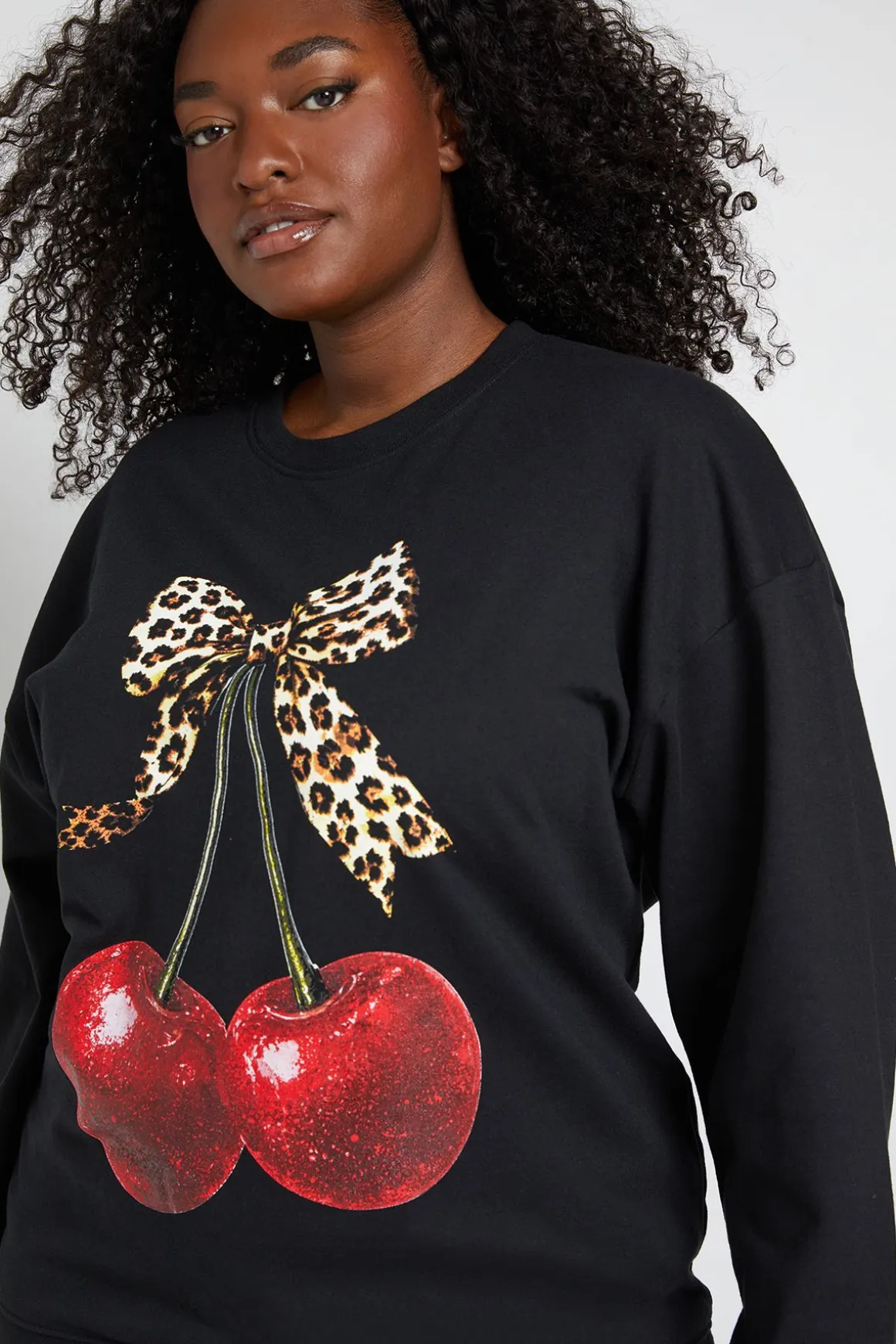 Sweat-shirt Grande Taille Graphique Cerises Nœud Léopard Pailleté