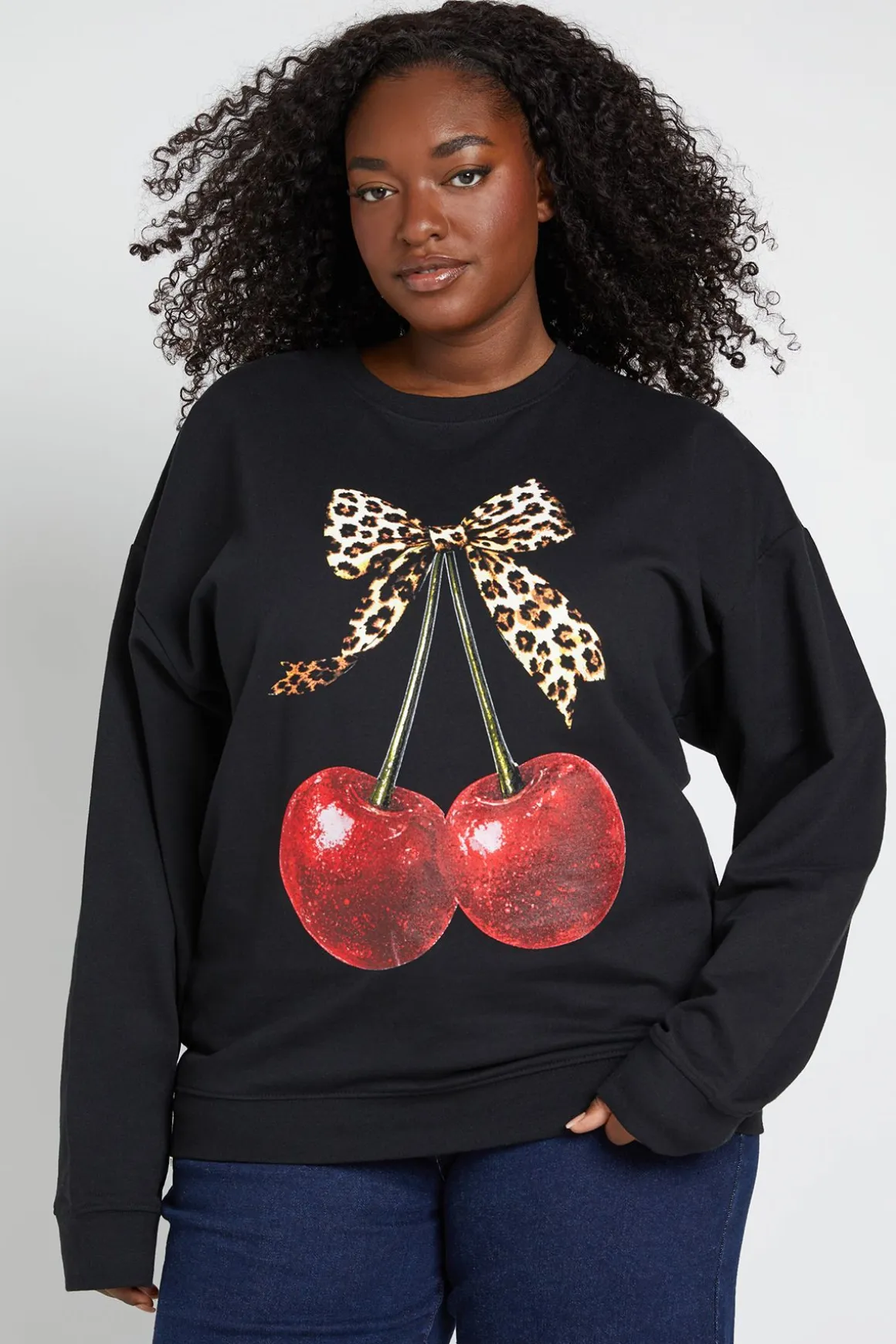 Sweat-shirt Grande Taille Graphique Cerises Nœud Léopard Pailleté