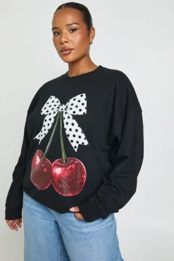 Sweat-shirt Grande Taille À Motif Cerises Avec Nœud À Pois