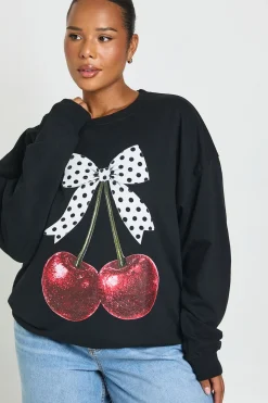 Sweat-shirt Grande Taille À Motif Cerises Avec Nœud À Pois