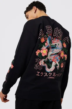 Sweat-shirt graphique floral de dragon surdimensionné
