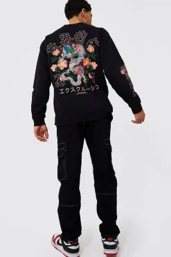 Sweat-shirt graphique floral de dragon surdimensionné