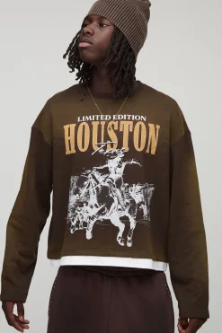 boohooMAN Sweat-shirt imprimé , rétréci, boxy, lavé, en édition limitée, western, à ourlet à fausse superposition<Homme Sweats À Capuche Et Sweatshirts|Sweats À Capuche Et Sweats