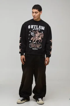 Sweatshirt Noir Oversize Boxy Imprimé Far West Col Rallongé