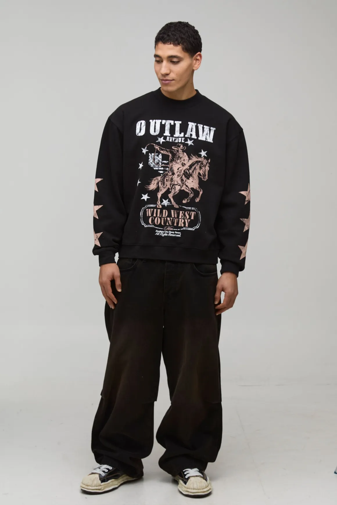 Sweatshirt Noir Oversize Boxy Imprimé Far West Col Rallongé