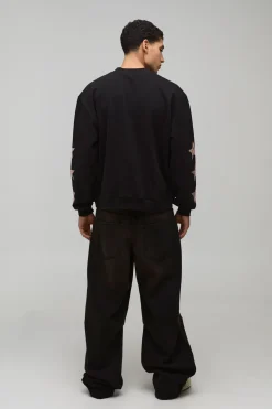 Sweatshirt Noir Oversize Boxy Imprimé Far West Col Rallongé