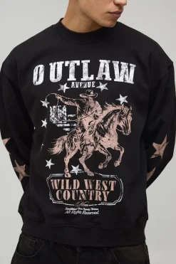 Sweatshirt Noir Oversize Boxy Imprimé Far West Col Rallongé