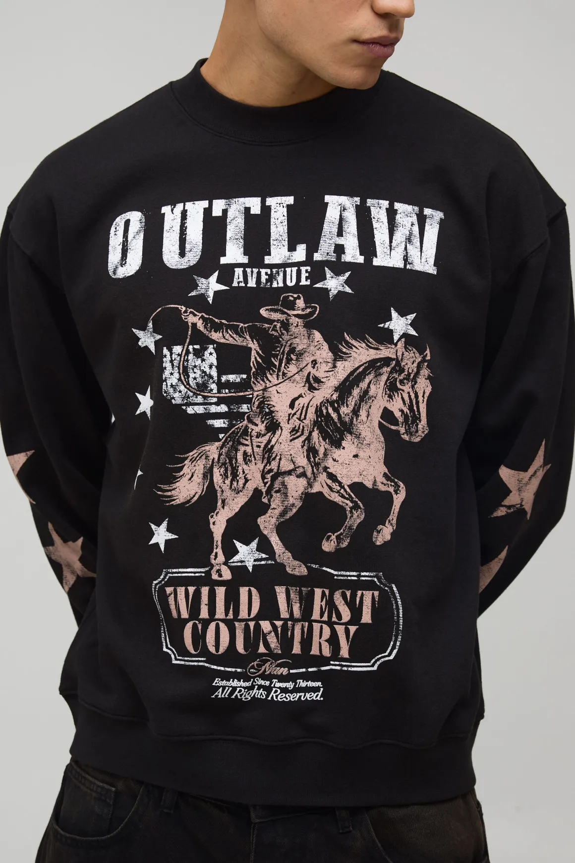 Sweatshirt Noir Oversize Boxy Imprimé Far West Col Rallongé