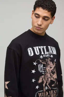 Sweatshirt Noir Oversize Boxy Imprimé Far West Col Rallongé