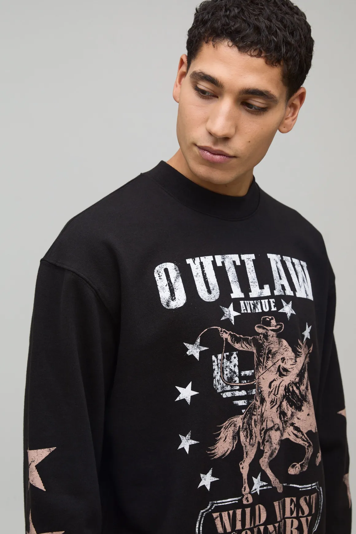 Sweatshirt Noir Oversize Boxy Imprimé Far West Col Rallongé