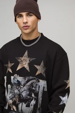 Sweat-shirt noir surdimensionné à la coupe boxy avec imprimé western et col allongé
