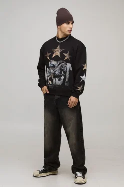 Sweat-shirt noir surdimensionné à la coupe boxy avec imprimé western et col allongé