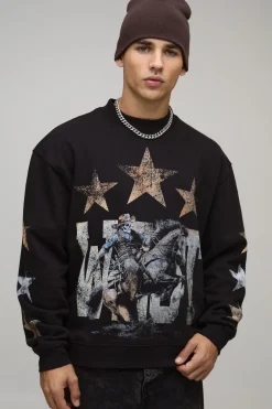 Sweat-shirt noir surdimensionné à la coupe boxy avec imprimé western et col allongé