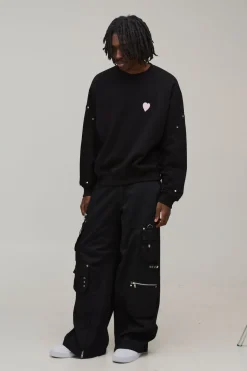 Sweat-shirt Oversize Boxy à Cœur Brodé avec Panneaux