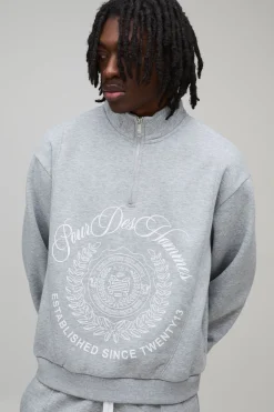 boohooMAN Sweatshirt oversize boxy, de style universitaire varsity, à col entonnoir et zip quart<Homme Sweats À Capuche Et Sweatshirts|Sweats À Capuche Et Sweats