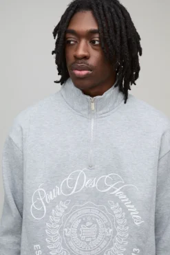 boohooMAN Sweatshirt oversize boxy, de style universitaire varsity, à col entonnoir et zip quart<Homme Sweats À Capuche Et Sweatshirts|Sweats À Capuche Et Sweats