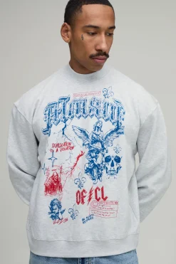 Sweat-shirt Oversize Boxy Gris Cendré Imprimé Doodle Renaissance