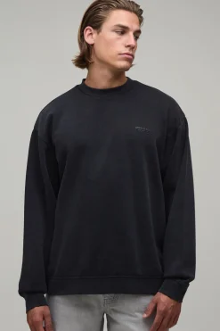 Sweat-shirt Oversize Col Prolongé Édition Limitée Effet Délavé Texte En Relief