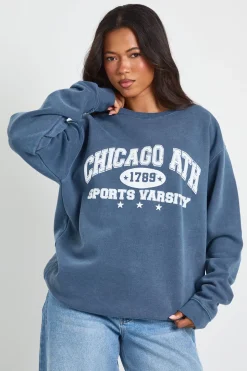 Sweat-shirt Oversize Délavé Imprimé Chicago
