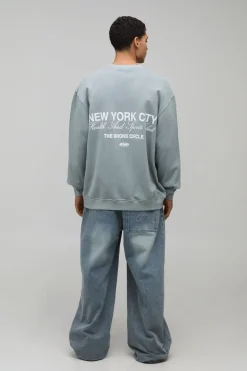 Sweat-shirt Oversize Gris Délavé Imprimé New York