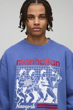 Sweat-shirt oversize Navy Manhattan New York lavé et imprimé