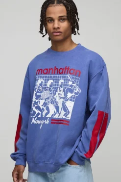 Sweat-shirt oversize Navy Manhattan New York lavé et imprimé