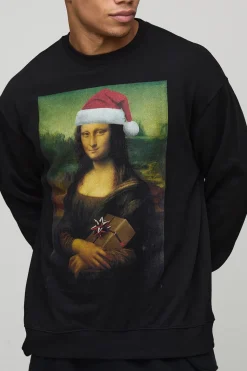 Sweatshirt oversize noir imprimé sous licence Mona Lisa de Noël