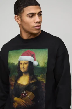 Sweatshirt oversize noir imprimé sous licence Mona Lisa de Noël