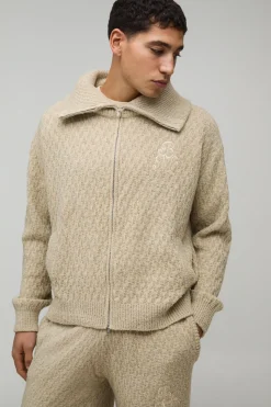 Sweat-shirt Tricoté Brodé à Col Montant avec Zip 1/4 Coupe Régulière
