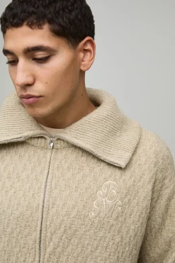 Sweat-shirt Tricoté Brodé à Col Montant avec Zip 1/4 Coupe Régulière