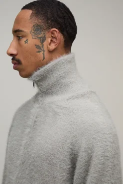 boohooMAN Synthétiquell À Col Montant Zippé En Maille Duveteuse Extrême Avec Manches Raglan Coupe Décontractée<Homme Maille|Mailles