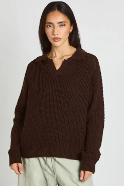 boohoo Synthétiquell Col Ouvert Maille Épaisse Encolure En V<Femme Looks Chocolat|Pulls Et Gilets