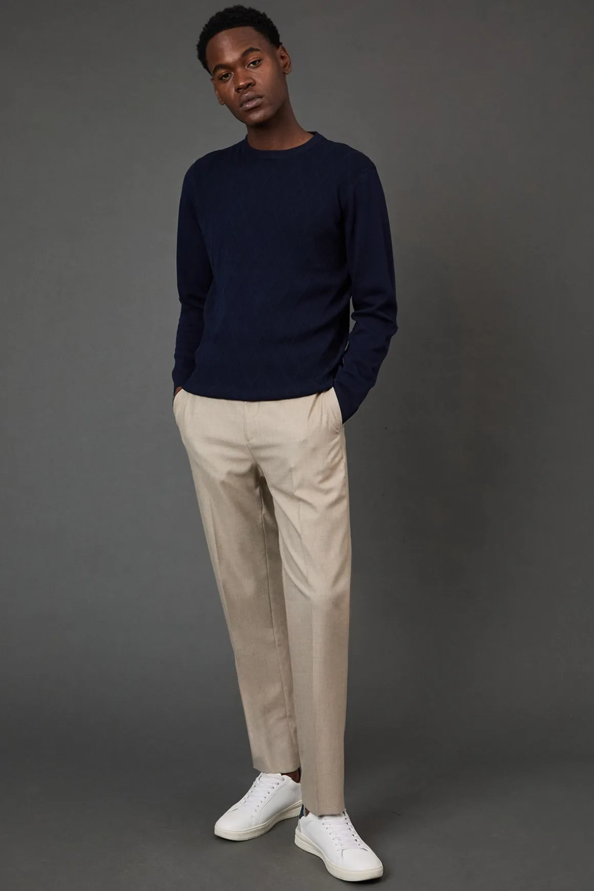 synthétiquell Col Rond Jacquard Losange Marine