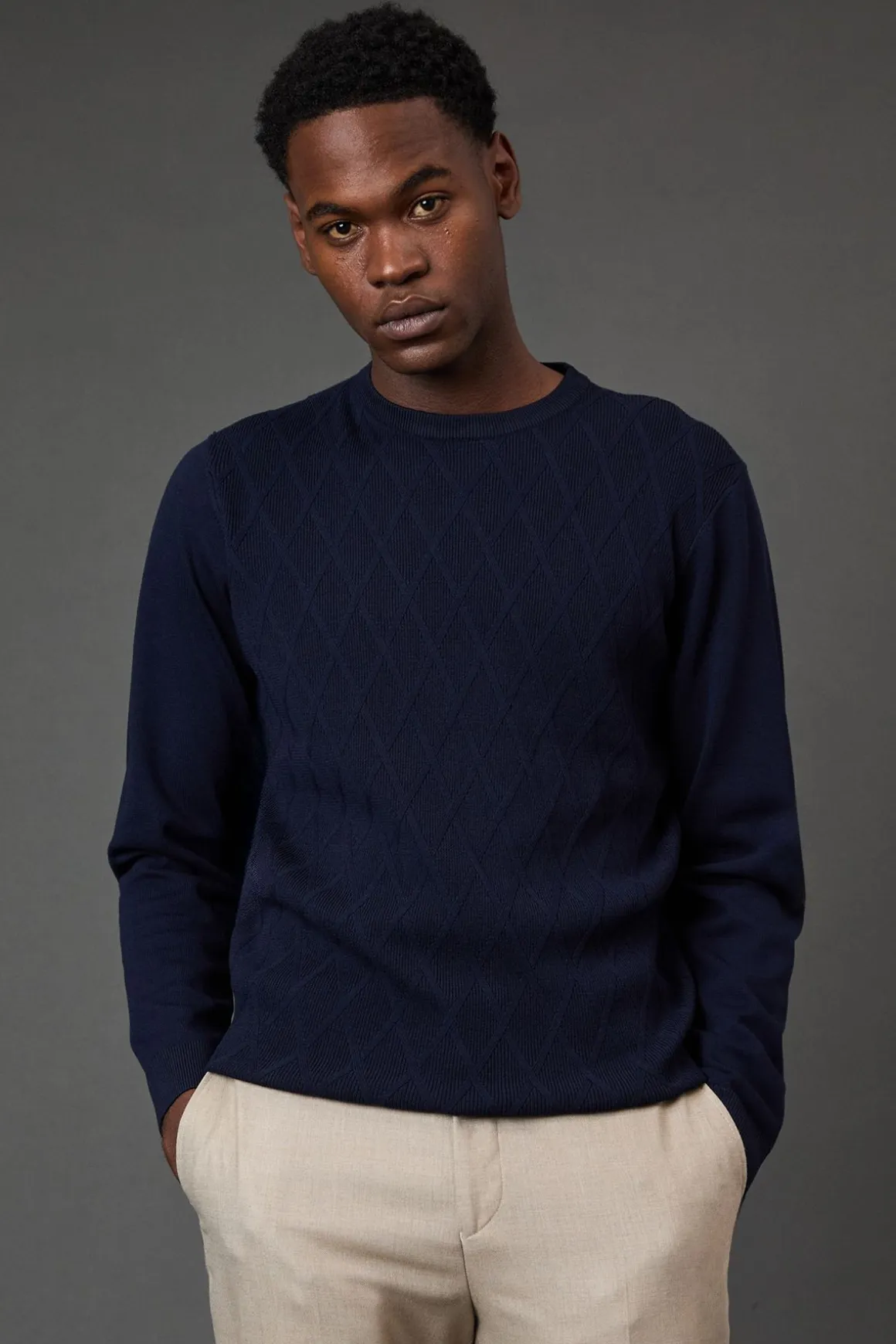 synthétiquell Col Rond Jacquard Losange Marine