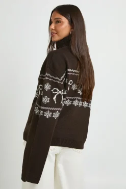 boohoo Synthétiquell Col Roulé De Noël Jacquard Nœuds<Femme Pulls Et Gilets|Toutes Les Mailles