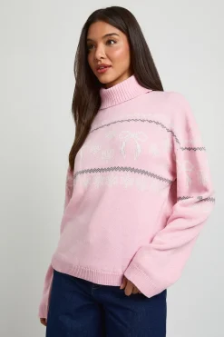 Synthétiquell De Noël Col Roulé Motif Jacquard Nœuds