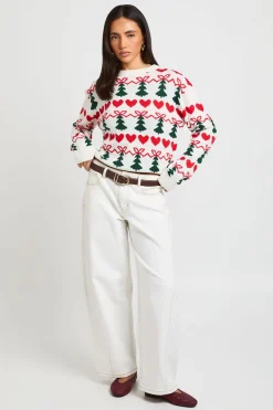 boohoo Synthétiquell De Noël Imprimé Cœurs Nœuds Et Sapins<Femme Pulls Et Gilets|Toutes Les Mailles