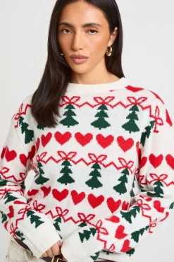 boohoo Synthétiquell De Noël Imprimé Cœurs Nœuds Et Sapins<Femme Pulls Et Gilets|Toutes Les Mailles