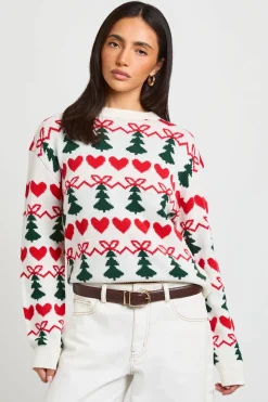 boohoo Synthétiquell De Noël Imprimé Cœurs Nœuds Et Sapins<Femme Pulls Et Gilets|Toutes Les Mailles