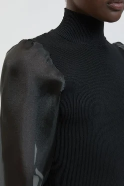 Synthétiquell En Maille Col Montant À Manches Transparentes En Organza