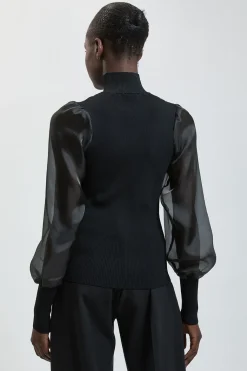 Synthétiquell En Maille Col Montant À Manches Transparentes En Organza
