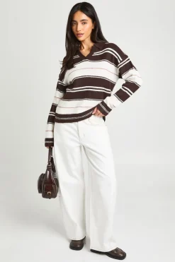 boohoo Synthétiquell En Maille À Col Polo Et Rayures<Femme Looks Chocolat|Pulls Et Gilets