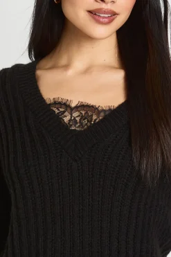 Synthétiquell En Maille Côtelée Col V Avec Insertion Dentelle