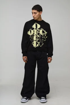 boohooMAN synthétiquell Jacquard Gothique Ample et Décontracté<Homme Maille|Mailles